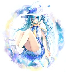  aqua_hair asuna_(i_luv) bare_legs blue_bow blue_eyes blue_ribbon blue_skirt boots bow cloak commentary female hair_ribbon hat hat_bow hatsune_miku knees_up large_hat long_hair looking_at_viewer miniskirt necktie open_mouth pleated_skirt ribbon sitting skirt smile snowflake_ornament snowflakes solo suki!_yuki!_maji_magic_(vocaloid) treble_clef twintails very_long_hair vocaloid white_cloak white_hat witch_hat yellow_necktie yuki_miku yuki_miku_(2014) 