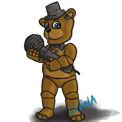  1:1 animatronic bear blue_eyes bow_tie brown_body brown_fur clothing electronics five_nights_at_freddy&#039;s five_nights_at_freddy&#039;s_2 fur hat headgear headwear machine male mammal microphone robot scottgames smile solo top_hat uitinla withered_freddy_(fnaf) 