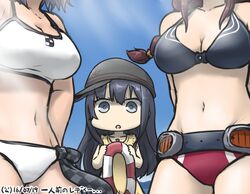  3girls akatsuki_(kancolle) anchor_symbol bikini black_hair blue_sky braid breast_envy breasts brown_hair checkered_clothes checkered_necktie chibi collarbone commentary_request dated day flat_cap hair_between_eyes hamu_koutarou hat head_out_of_frame ichininmae_no_lady kantai_collection large_breasts lifebuoy long_hair multiple_girls navel necktie noshiro_(kancolle) official_alternate_costume one-piece_swimsuit out_of_frame sky swim_ring swimsuit tenryuu_(kancolle) tenryuu_(swimsuit_mode)_(kancolle) white_bikini 