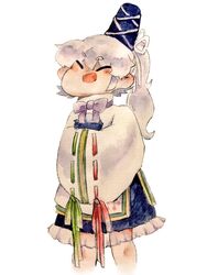  andonkurage closed_eyes commentary_request female grey_hair hat japanese_clothes kariginu long_hair long_sleeves mononobe_no_futo open_mouth painting_(medium) ponytail ribbon skirt smile solo standing tate_eboshi touhou traditional_media watercolor_(medium) wide_sleeves 