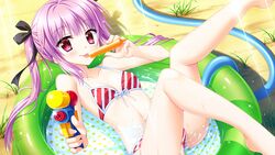  bikini day diagonal_stripes female floral_flowlove food game_cg hair_ribbon hose legs_up licking light_rays long_hair looking_at_viewer lying moribe_(rabumanyo) on_back outdoors partially_submerged pink_eyes popsicle purple_hair ribbon saisu_riku smile solo striped_bikini striped_clothes swimsuit tongue tongue_out twintails very_long_hair wading_pool water water_gun 