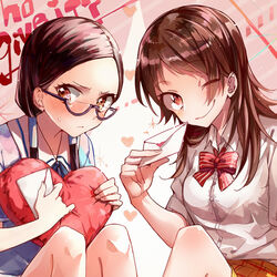  2girls akizuki_buranko bad_id bad_pixiv_id black_hair blush brown_eyes brown_hair glasses heart heart-shaped_pillow kanzaki_miki letter long_hair love_letter low_twintails miyahara_(yowamushi_pedal) multiple_girls one_eye_closed pillow twintails yowamushi_pedal 