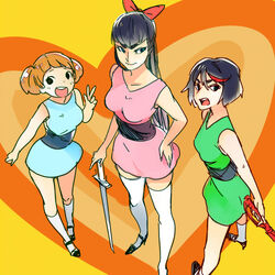  alternate_hairstyle alternate_legwear bangs banned_artist black_hair blossom_(ppg) blossom_(ppg)_(cosplay) blue_eyes bow breasts bubbles_(ppg) bubbles_(ppg)_(cosplay) buttercup_(ppg) buttercup_(ppg)_(cosplay) cosplay eyebrows hairbow highlights kill_la_kill kiryuuin_satsuki kneehighs long_hair mankanshoku_mako matoi_ryuuko medium_breasts multicolored_hair multiple_girls planted_sword planted_weapon powerpuff_girls sash scissor_blade short_hair short_twintails sword thick_eyebrows thighhighs tribute twintails v weapon white_legwear zettai_ryouiki 