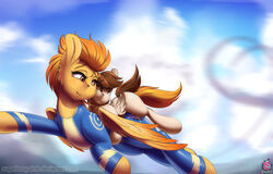  2018 ambiguous_gender brown_hair clothing cloud conditional_dnp cutie_mark digital_media_(artwork) duo equid equine feathered_wings feathers featherweight_(mlp) feral flying friendship_is_magic hair hasbro hi_res mammal my_little_pony mythological_creature mythological_equine mythology outside pegasus sky spitfire_(mlp) sugarlesspaints wings wonderbolts_(mlp) young young_feral 