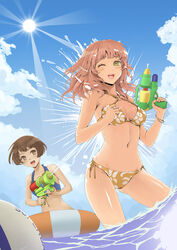  2girls :d ;d ball beachball bikini blue_bikini blue_sky brown_eyes brown_hair cloud commentary_request day dutch_angle highres innertube jchoy long_hair multiple_girls navel o-ring o-ring_top ocean one_eye_closed open_mouth original outdoors photoshop_(medium) pink_hair print_bikini short_hair side-tie_bikini_bottom sky smile sunlight swim_ring swimsuit wading water water_gun wet wristband yellow_eyes 