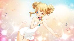  bare_shoulders beamed_eighth_notes blonde_hair blue_eyes blush double_bun dutch_angle eighth_note eiyuu_senki eiyuu_senki_gold female flat_chest game_cg hair_bun long_hair looking_at_viewer microphone music musical_note naked_towel nero_(eiyuu_senki) no_bra no_panties one_eye_closed open_mouth oyari_ashito singing solo sweat towel 