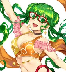  arm_up bespectacled breasts choker cleavage commentary_request double_bun earrings female fire_emblem fire_emblem:_genealogy_of_the_holy_war fire_emblem_heroes glasses green_eyes green_hair hair_bun jewelry jurge long_hair medium_breasts navel open_mouth red-framed_eyewear silvia_(fire_emblem) simple_background solo upper_body white_background 