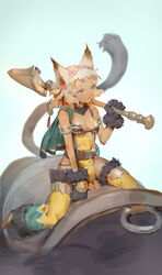  animal_ears armlet armor bikini_armor blonde_hair blue_eyes blue_sky breasts cape capelet commentary day erune female flower gloves granblue_fantasy green_cape hair_flower hair_ornament highres holding holding_polearm holding_weapon melleau over_shoulder parted_lips photoshop_(medium) polearm riding short_hair sky small_breasts solo_focus spear tabard timbougami weapon weapon_over_shoulder 