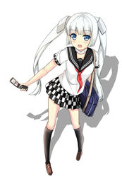  bag black_legwear blue_eyes blush collar female female itachi_kanade looking_at_viewer miss_monochrome miss_monochrome_(character) open_mouth phone school_uniform serafuku shadow short_sleeves simple_background skirt solo twintails white_background 