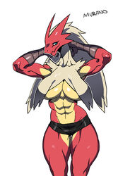  2017 2:3 abs anthro avian big_breasts blaziken breasts eyelashes female generation_3_pokemon green_eyes hands_behind_head hi_res huge_breasts jijis-waifus muscular muscular_anthro muscular_female nintendo non-mammal_breasts pokemon pokemon_(species) pokemorph simple_background solo under_boob white_background 