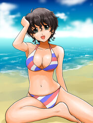  akiyama_yoshiko barefoot beach bikini breasts cleavage cloud collarbone commentary_request curly_hair day female girls_und_panzer large_breasts matsui_yasutsugu mature_female messy_hair multicolored_bikini multicolored_clothes navel ocean outdoors sand short_hair sitting skindentation solo striped_bikini striped_clothes swimsuit water 