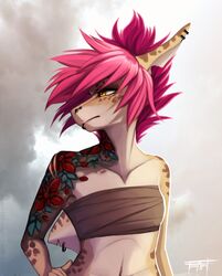  2017 amber_eyes anthro april_(wolfirry) avoid_posting clothed clothing day female fin fin_piercing fish furgonomics furry-specific_piercing ground_shark hair hi_res leopard_shark marine navel outside piercing pink_hair red_hair shark solo tattoo triakid wolfirry 