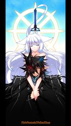  1boy animal_ears black_hair blue_eyes commentary_request elf female fox_ears highres horns konshin long_hair mask nude orie_jinku orie_mishiro pixiv_fantasia pixiv_fantasia_fallen_kings pointy_ears red_eyes scar slit_pupils sword weapon white_hair yellow_eyes 