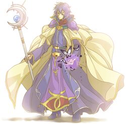  1boy arano_hachi blue_eyes blue_hair boots bug butterfly cape commentary_request crescent expressionless fire_emblem fire_emblem:_radiant_dawn long_hair long_sleeves magic male_focus pelleas_(fire_emblem) robe simple_background solo staff white_background 