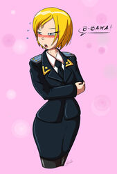  artist_name blonde_hair blue_eyes blush commentary_request epaulettes felipe_bende female flying_sweatdrops formal jacket military military_uniform natalia_poklonskaya necktie pantyhose pencil_skirt pink_background real_life republic_of_crimea romaji_text russia short_hair signature simple_background skirt skirt_suit solo suit tsundere uniform 