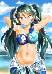  armpits arms_behind_head arms_up bare_shoulders beach bikini bikini_top_only blue_sky blush breasts cloud cloudy_sky collarbone commentary_request day female floral_print green_eyes green_hair hair_ribbon isuzu_(kancolle) kantai_collection kasugano_tobari large_breasts long_hair looking_at_viewer navel ocean outdoors print_bikini ribbon sand sarong single-shoulder_bikini sky smile solo sweat swimsuit twintails 