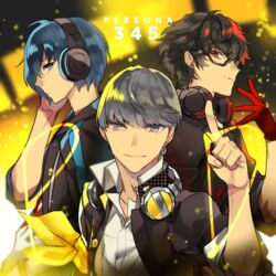  3boys amamiya_ren black_hair blue_eyes blue_hair commentary_request glasses grey_hair looking_at_viewer male_focus mami_(apsaras) multiple_boys narukami_yuu persona persona_3 persona_3:_dancing_moon_night persona_4 persona_4:_dancing_all_night persona_5 persona_5:_dancing_star_night persona_dancing short_hair smile yuuki_makoto_(persona_3) 