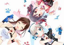  3girls anastasia_(idolmaster) animal_ears bad_id bad_twitter_id blue_eyes brown_hair cat_ears closed_eyes cosplay drill_hair gothic_lolita grey_hair headphones idolmaster idolmaster_cinderella_girls kanzaki_ranko lolita_fashion maekawa_miku maekawa_miku_(cosplay) manio midriff multiple_girls nitta_minami open_mouth over_the_collar_(idolmaster) ponytail short_hair smile tada_riina tada_riina_(cosplay) twin_drills 