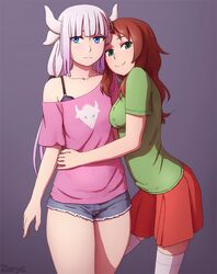  2girls aged_up artist_name bare_shoulders blue_eyes bra bra_peek bra_strap breasts brown_hair casual collarbone commentary couple cutoffs english_commentary expressionless green_eyes green_shirt horns kanna_kamui kanna_kamui_(dragon)_(maidragon) kobayashi-san_chi_no_maidragon light_purple_hair long_hair looking_at_viewer looking_away medium_breasts multiple_girls off-shoulder_shirt off_shoulder pink_shirt purple_bra red_skirt saikawa_riko shirt short_shorts shorts simple_background skirt smile thighhighs thighs underwear white_thighhighs yuri zoryc 