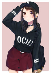  arm_up backpack bag baseball_cap black_choker black_hat black_hoodie blush brown_background brown_eyes brown_hair choker closed_mouth clothes_writing collarbone commentary_request cowboy_shot female hand_on_headwear hat hood hood_down hoodie kentaurosu long_hair looking_at_viewer matsuno_chiya original red_skirt skirt solo two-tone_background white_background 