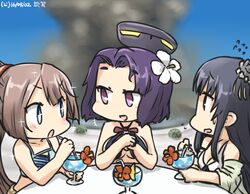  +++ +_+ 3girls :d :o bikini black_hair brown_hair cocktail commentary_request cup dated drinking_straw explosion flower flying_sweatdrops food fruit fusou_(kancolle) hair_flower hair_ornament halo hamu_koutarou headgear kantai_collection kazagumo_(kancolle) long_hair mechanical_halo multiple_girls official_alternate_costume open_mouth orange_(fruit) orange_slice purple_eyes purple_hair short_hair smile smoke sparkle sparkling_eyes swimsuit table tatsuta_(kancolle) tatsuta_(swimsuit_mode)_(kancolle) very_long_hair watermelon 