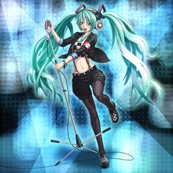  armband black_shorts bracelet commentary_request female green_eyes green_hair hatsune_miku headphones jewelry long_hair microphone microphone_stand navel necktie open_mouth pantyhose shorts solo spraywork suspenders twintails very_long_hair vocaloid 