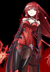  black_background black_gloves black_leotard black_pantyhose breasts choker cleavage collarbone commentary_request crimson_avenger_(elsword) dutch_angle elbow_gloves elesis_(elsword) elsword female floating_hair from_below gloves highres leotard long_hair medium_breasts orange_eyes pantyhose parted_lips red_hair simple_background solo standing very_long_hair zetsuei_(zetto) 