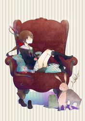  :/ animal black_legwear brown_hair chair character_request commentary_request cushion female frog full_body hami_(lvct) kneehighs koto_(kyousougiga) kyousougiga loafers long_hair looking_at_viewer looking_back photoshop_(medium) pleated_skirt ponytail rabbit red_eyes school_uniform serafuku shadow shirt shoes sitting skirt socks standing striped striped_background unworn_shoes vertical_stripes very_long_hair 