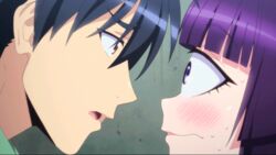  1boy animated animated blue_eyes blush cyclops female kurusu_kimihito manako monster_girl monster_musume_no_iru_nichijou one-eyed purple_hair short_hair 