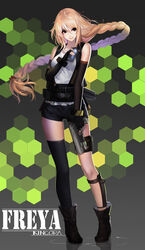  black_footwear black_gloves blush boots braid breasts brown_eyes brown_hair chinese_commentary closed_mouth commentary_request dungeon_and_fighter elbow_gloves english_commentary female female_gunner_(dungeon_and_fighter) female_spitfire_(dungeon_and_fighter) fingerless_gloves full_body gloves gun highres holding holding_gun holding_weapon kincora long_hair looking_at_viewer medium_breasts mixed-language_commentary photoshop_(medium) solo very_long_hair weapon 