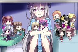  6+girls bike_shorts black_hair brown_hair chair chibi commentary_request eyepatch hayasaka_mirei hoshi_syoko idolmaster idolmaster_cinderella_girls individuals_(idolmaster) kamiya_nao kanzaki_ranko kita_hinako komatsu_ibuki looking_at_viewer matoba_risa mini_person minigirl miyata_rasuichi morikubo_nono multiple_girls munakata_atsumi mushroom office_chair ogata_chieri rosenburg_engel_(idolmaster) saejima_kiyomi short_twintails sitting smile swivel_chair tile_floor tiles twintails under_the_table 