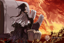  bad_id bad_pixiv_id black_hair brown_hair female ground_vehicle highres paradise_(swd3e2) pixiv_fantasia pixiv_fantasia_fallen_kings riding saddle scarf solo sunset swd3e2 sword thighhighs wagon weapon 