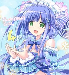  :d ahoge anniversary bad_id bad_pixiv_id blue_background blue_bow blue_hair blue_scrunchie blue_theme bow bowtie breasts cleavage commentary_request copyright_name female flower flower_knight_girl green_eyes hair_ornament hair_over_shoulder hair_scrunchie hairbow hat higa_yukari long_hair looking_at_viewer low_twintails open_mouth scrunchie shabonsou_(flower_knight_girl) smile solo striped striped_bow twintails upper_body wrist_cuffs x_hair_ornament 