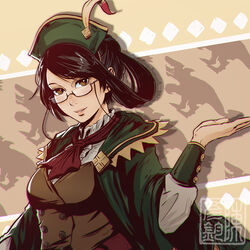  ascot black_hair breasts brown_eyes buttons commentary female glasses guildmarm_(monster_hunter) hair_rings hat koyorin lips looking_at_viewer medium_breasts monster_hunter_(series) monster_hunter_4 nose photoshop_(medium) semi-rimless_eyewear short_hair smile solo under-rim_eyewear vest wrist_extended 