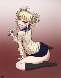  absurdres arched_back arm_support ass bangs black_legwear blonde_hair blood blue_sailor_collar blunt_bangs blush boku_no_hero_academia cardigan double_bun dungbae eyebrows_visible_through_hair full_body half-closed_eyes highres holding holding_knife kneehighs knife long_sleeves looking_at_viewer looking_back messy_hair oerba_yun_fang open_mouth panties sailor_collar school_uniform serafuku short_hair sitting skirt smile solo sweater toga_himiko tongue tongue_out underwear wariza yellow_eyes yellow_sweater 