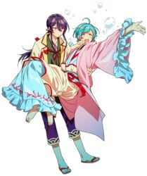  2boys :d :| ahoge aqua_hair barefoot blowing_bubbles blush bubble carrying closed_mouth commentary_request cosplay crossdressing earrings ensemble_stars! frilled_kimono frilled_sleeves frills hair_between_eyes japanese_clothes jewelry kanzaki_souma kimono layered_clothes long_hair long_sleeves looking_at_another looking_at_viewer male_focus multiple_boys open_mouth otohime otohime_(cosplay) outstretched_arm palace_of_the_ocean_(ensemble_stars!) ponytail princess_carry purple_hair sandals sash seigaiha shinkai_kanata sidelocks simple_background smile sweatdrop swept_bangs tubuan_oisii urashima_tarou urashima_tarou_(cosplay) white_background wide_sleeves yellow_eyes 