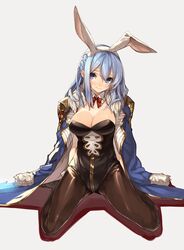  animal_ears black_pantyhose blue_eyes blue_hair blush breasts cleavage commentary_request detached_collar fake_animal_ears female full_body granblue_fantasy grey_background highres jacket jacket_on_shoulders large_breasts long_hair looking_at_viewer pantyhose playboy_bunny rabbit_ears senmu_(senmudayo) simple_background sitting solo therese_(granblue_fantasy) wariza 