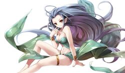  &gt;:) bare_arms bare_legs bare_shoulders blush bracer breasts collarbone commentary_request female floating_hair granblue_fantasy hand_on_own_face large_breasts light_purple_hair long_hair miyase_mahiro navel orange_eyes pointy_ears simple_background sitting smile solo strapless thigh_strap tiamat_(granblue_fantasy) v-shaped_eyebrows very_long_hair white_background 