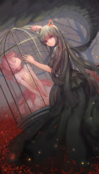  2girls akemi_homura akuma_homura bad_id bad_pixiv_id birdcage black_hair black_wings cage closed_eyes hoshimawa kaname_madoka kaname_madoka_(magical_girl) long_hair magical_girl mahou_shoujo_madoka_magica mahou_shoujo_madoka_magica:_hangyaku_no_monogatari multiple_girls photoshop_(medium) short_hair spoilers wings 