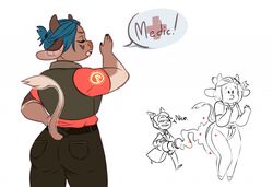  2017 anthro ass big_butt blue_hair bovid bovine breasts cattle clothed clothing digital_media_(artwork) domestic_cat english_text eyewear fan_character felid feline felis female fur glasses group hair heart_symbol heavy_(team_fortress_2) horn male male/female mammal mary_(neboone) medi_gun medic_(team_fortress_2) multicolored_body multicolored_fur muscular neboone open_mouth smile team_fortress team_fortress_2 text valve weapon 