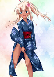  blonde_hair blue_eyes commentary_request covering_crotch covering_privates female flower hair_flower hair_ornament highres japanese_clothes kantai_collection kaze_makase kimono long_hair no_panties open_mouth ponytail ro-500_(kancolle) yukata 