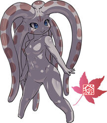  :i alien bad_id blue_eyes breasts chibi colored_skin female grey_skin monster_girl no_eyebrows no_nipples original petaco sashizume_soutarou small_breasts smile solo standing striped_skin tentacle tentacle_hair watermark zanburg 