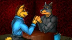  absurd_res canid canine canis dobie-ace domestic_dog hi_res love mammal raccoon_dog restaurant romantic romantic_ambiance tanuki 