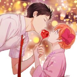  1boy artist_name bad_id bad_twitter_id braid brown_hair candy_apple closed_eyes female food gekkan_shoujo_nozaki-kun hair_ribbon holding_hands japanese_clothes kimono leaning_forward licking mery_(yangmalgage) necktie nozaki_umetarou orange_hair profile red_ribbon ribbon sakura_chiyo shared_food sharing_food tongue tongue_out yukata 