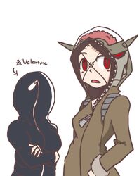  2girls body_bag brain_drain_(skullgirls) carol_(skullgirls) commentary_request cosplay crossed_arms full-length_zipper hood hoodie multiple_girls nyoro_mutou painwheel_(skullgirls) red_eyes scar skullgirls valentine_(skullgirls) zipper 