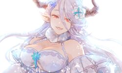  breasts commentary_request detached_sleeves draph female flower fur_collar granblue_fantasy hair_flower hair_ornament horns izmir large_breasts mole mole_under_mouth pointy_ears red_eyes smile solo tears tetsuo_(watson) underboob upper_body white_background white_hair 