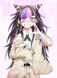  :t bad_id bad_pixiv_id belt bespectacled black_hair blazer blonde_hair blush character_doll closed_mouth collared_shirt cosplay danganronpa_(series) danganronpa_2:_goodbye_despair dress_shirt female glasses green_ribbons grey_pants grin hair_horns jacket jewelry long_hair long_sleeves looking_at_viewer mioda_ibuki multicolored_hair neck_ribbon off_shoulder open_clothes open_jacket pants pink_eyes pink_hair purple_hair ribbon ring semi-rimless_eyewear shimada_(dmisx) shirt short_hair sleeves_past_wrists smile spikes togami_byakuya togami_byakuya_(cosplay) togami_byakuya_(danganronpa_2) under-rim_eyewear v-shaped_eyebrows very_long_hair wing_collar 