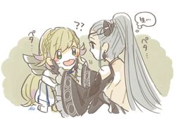  2girls bad_id bad_twitter_id black_gloves blonde_hair braid commentary_request crown_braid earrings eir_(fire_emblem) fire_emblem fire_emblem_heroes gloves green_eyes grey_hair hands_on_another&#039;s_face jewelry long_sleeves multiple_girls murabito_ba open_mouth ponytail sharena_(fire_emblem) signature wide_sleeves 