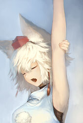  animal_ears arm_up armpits bare_arms breasts closed_eyes commentary_request female hat highres inubashiri_momiji kinketsu large_breasts oerba_yun_fang open_mouth shirt short_hair sleeveless sleeveless_shirt solo stretching tokin_hat touhou upper_body white_hair wolf_ears yawning 