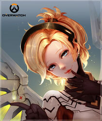  :p absurdres black_gloves blonde_hair blue_eyes bodysuit commentary_request copyright_name earrings emblem eyelashes female gloves glowing glowing_wings hair_ornament hair_tie halo high_collar highres jewelry kiyomasa_ren lips lipstick logo looking_at_viewer makeup mechanical_halo mechanical_wings mercy_(overwatch) overwatch overwatch_1 pink_lips ponytail single_earring solo spread_wings tongue tongue_out turtleneck upper_body wings yellow_wings 